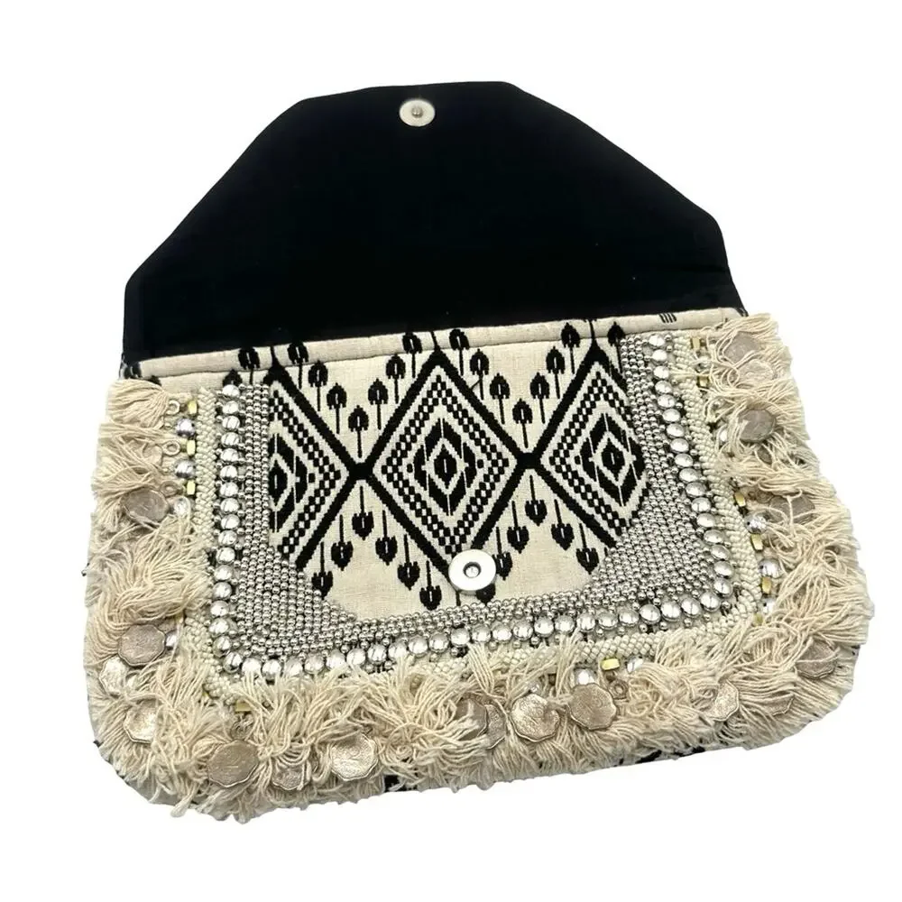 Boho women’s chunky rustic Beige and Black Clutch